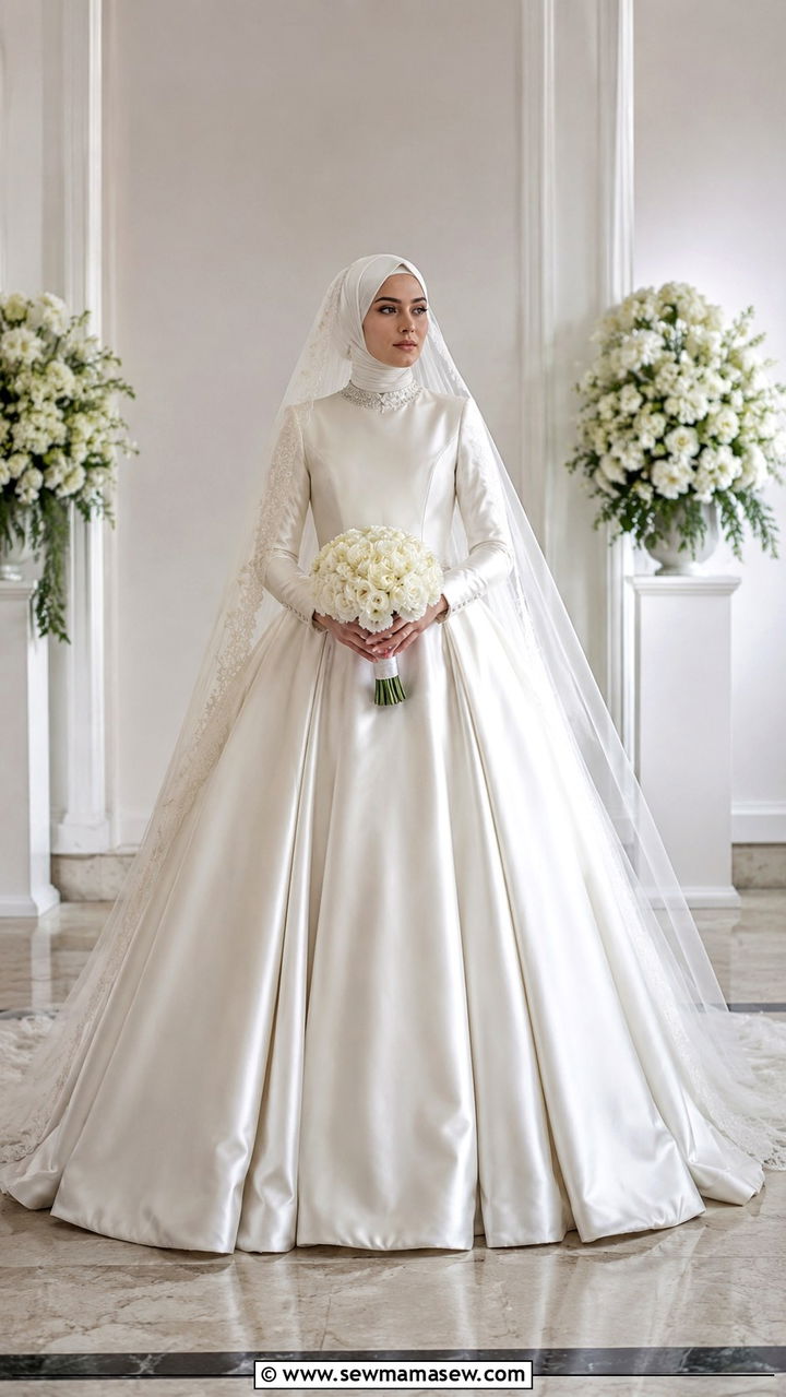 High neck satin ball gown with long sleeves - 20 Modest outfit ideas for bride