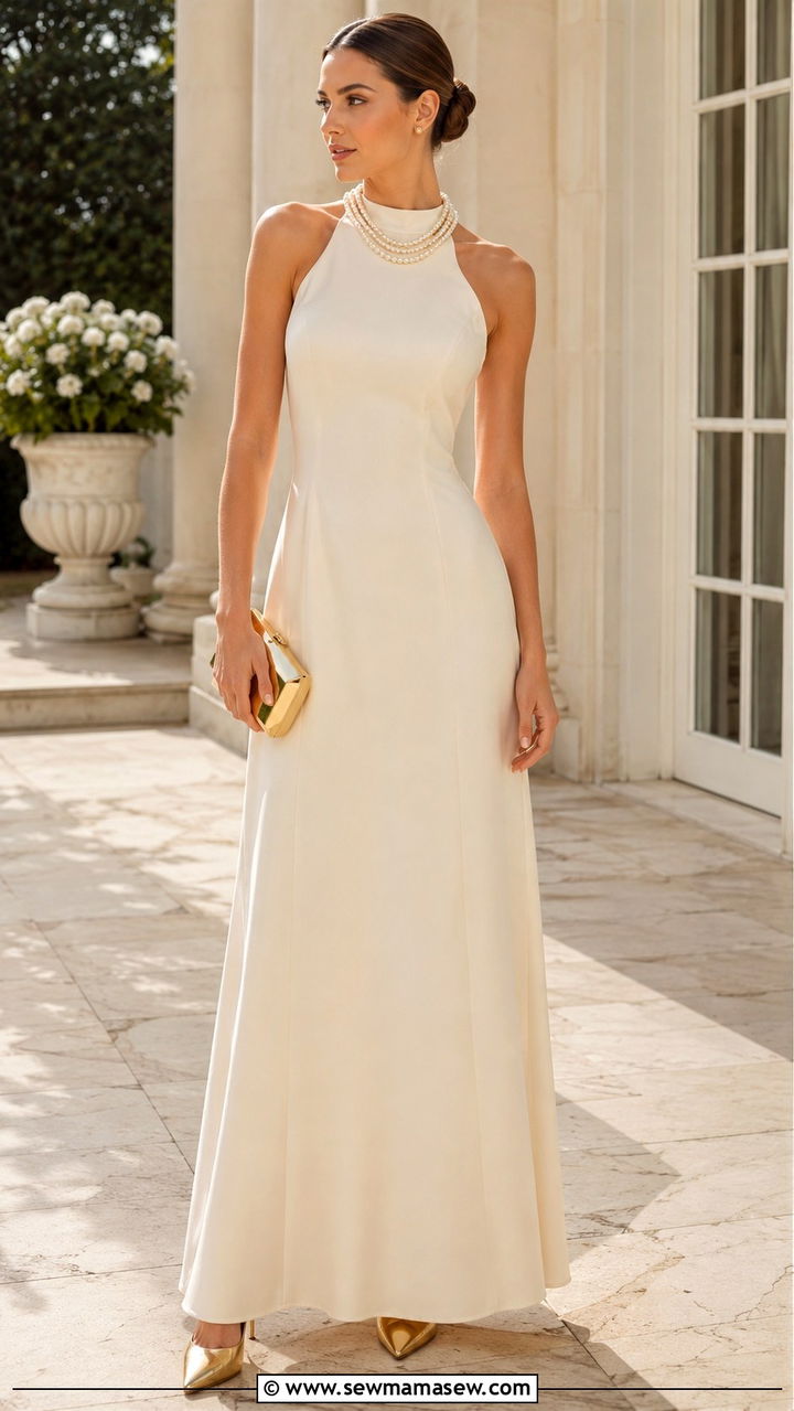 High neck sleeveless evening gown outfit - 25 White tie wedding guest outfit ideas