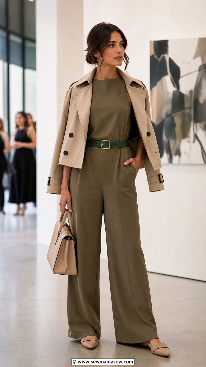 High neck sleeveless jumpsuit with cropped trench jacket outfit - 25 Cairo outfit ideas