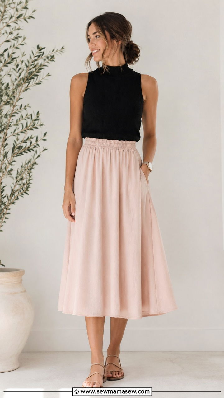 High neck sleeveless top with elastic waist midi skirt and flat sandals - 30 Postpartum outfit ideas summer