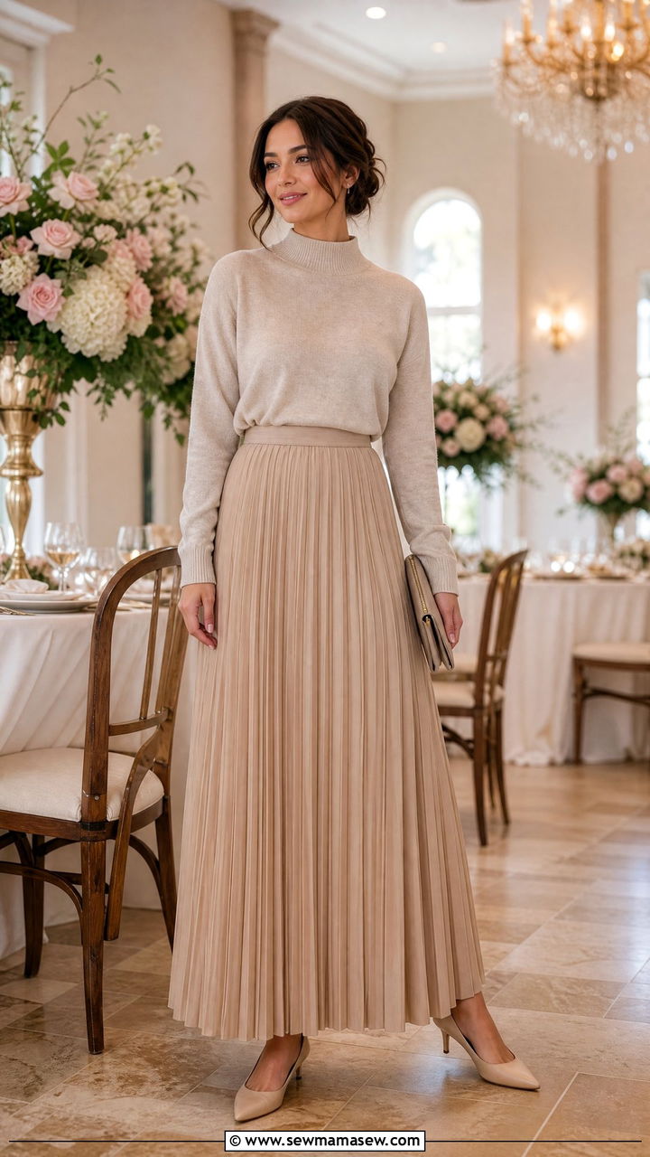 High neck sweater and pleated maxi skirt - 30 modest brunch outfit ideas