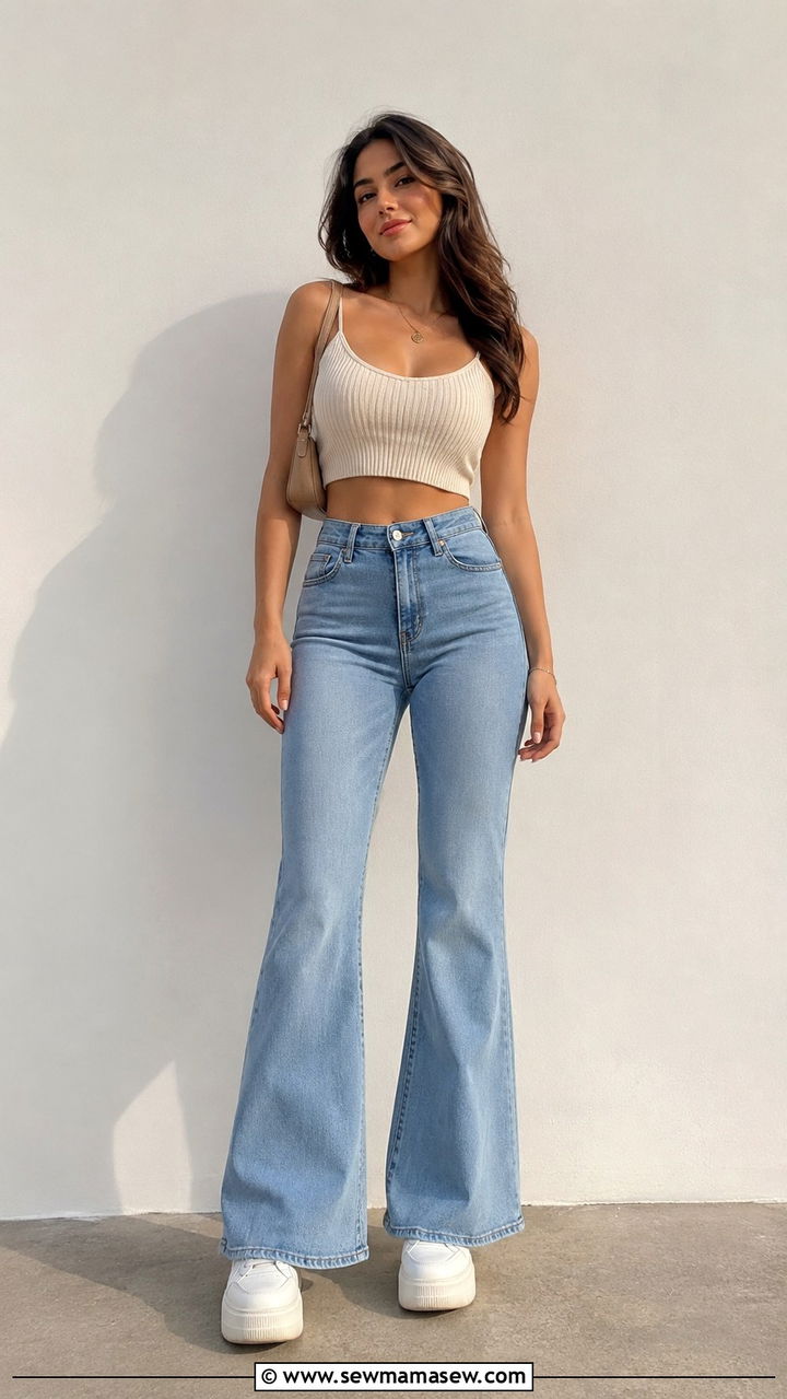 High waist flare jeans with platform sneakers - 25 Outfits that elongate the legs
