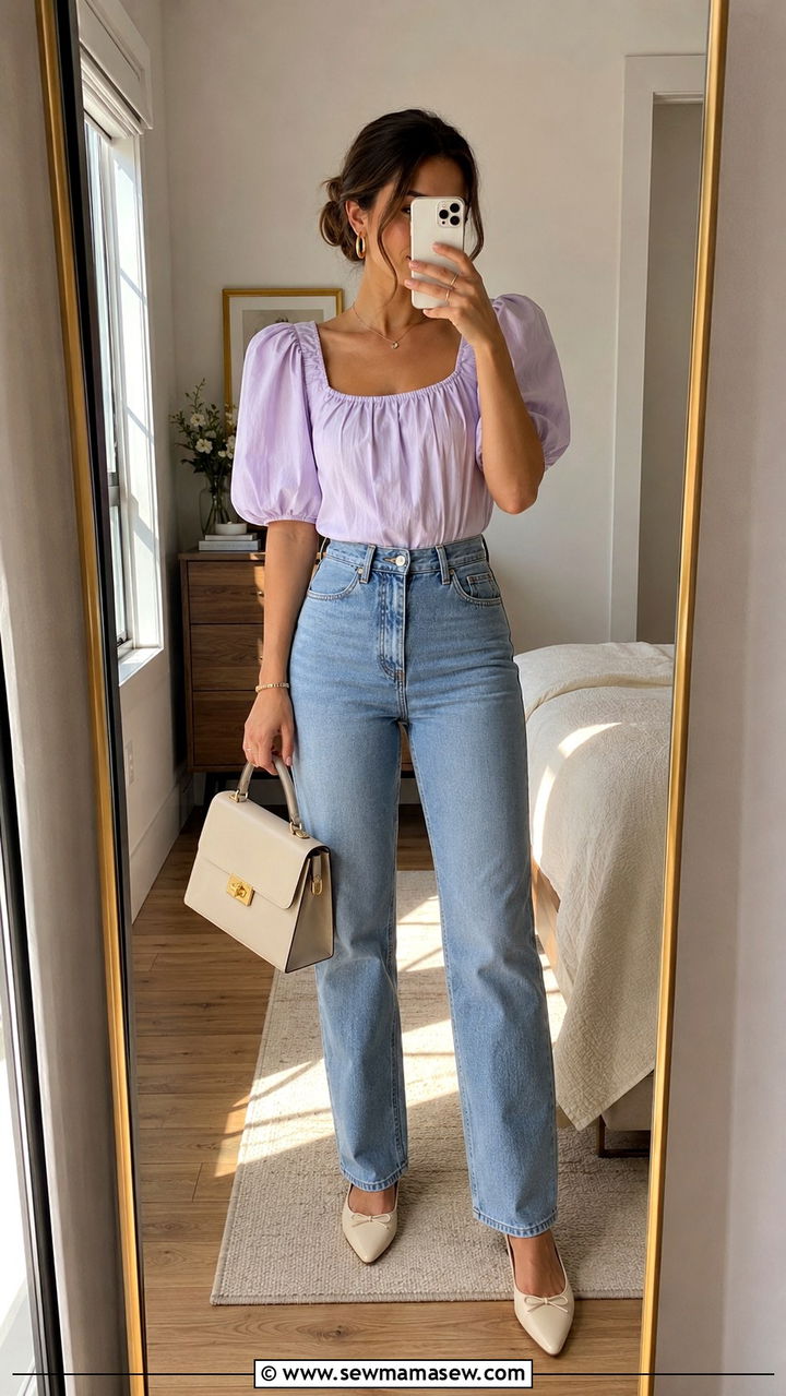 High waist jeans and blouse rush look - 30 Rush week outfit ideas