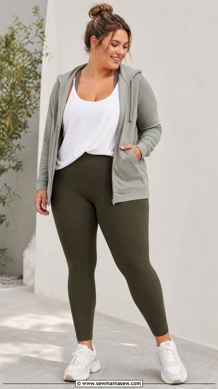 High waist leggings with a flowy tank and zip up hoodie - 25 casual outfits for apple shaped body