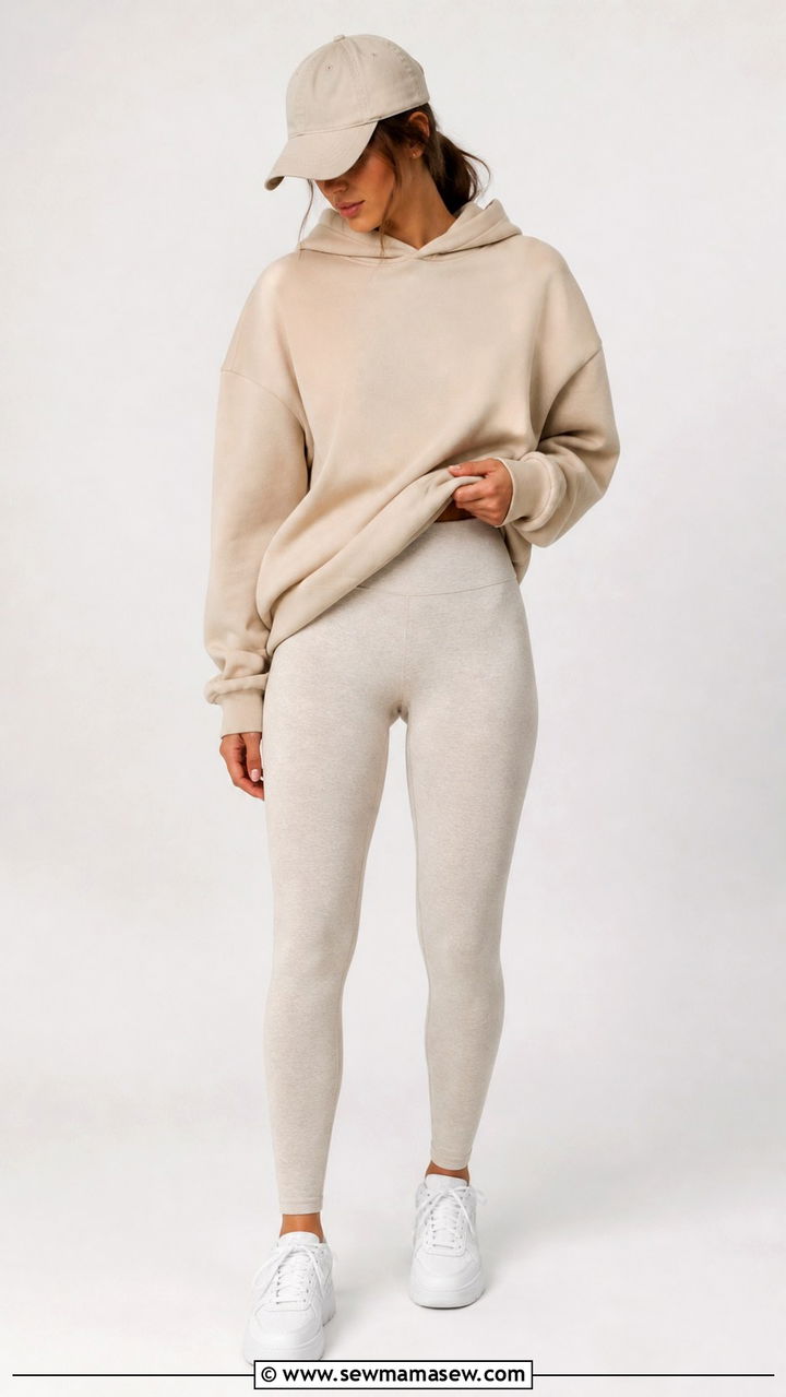 High waist leggings with an oversized hoodie and a baseball cap - 40 spring casual outfit ideas