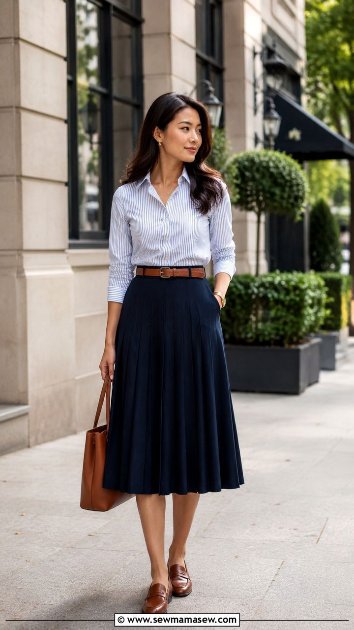 High waist navy pleated midi skirt with a striped button down shirt and tan loafers - 25 Petite work outfit ideas with skirt