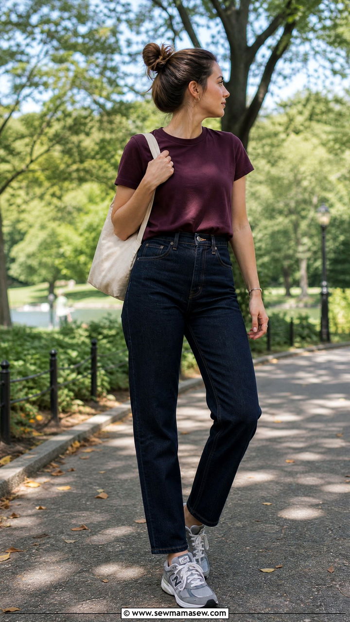 High waist straight jeans with retro runners and a tucked in tee - 35 Jeans and sneakers outfit ideas over 40