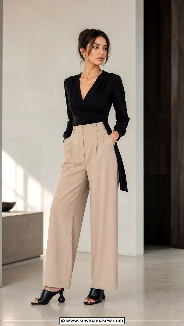 High waist tailored trousers with a wrap top and mules - 40 spring casual outfit ideas