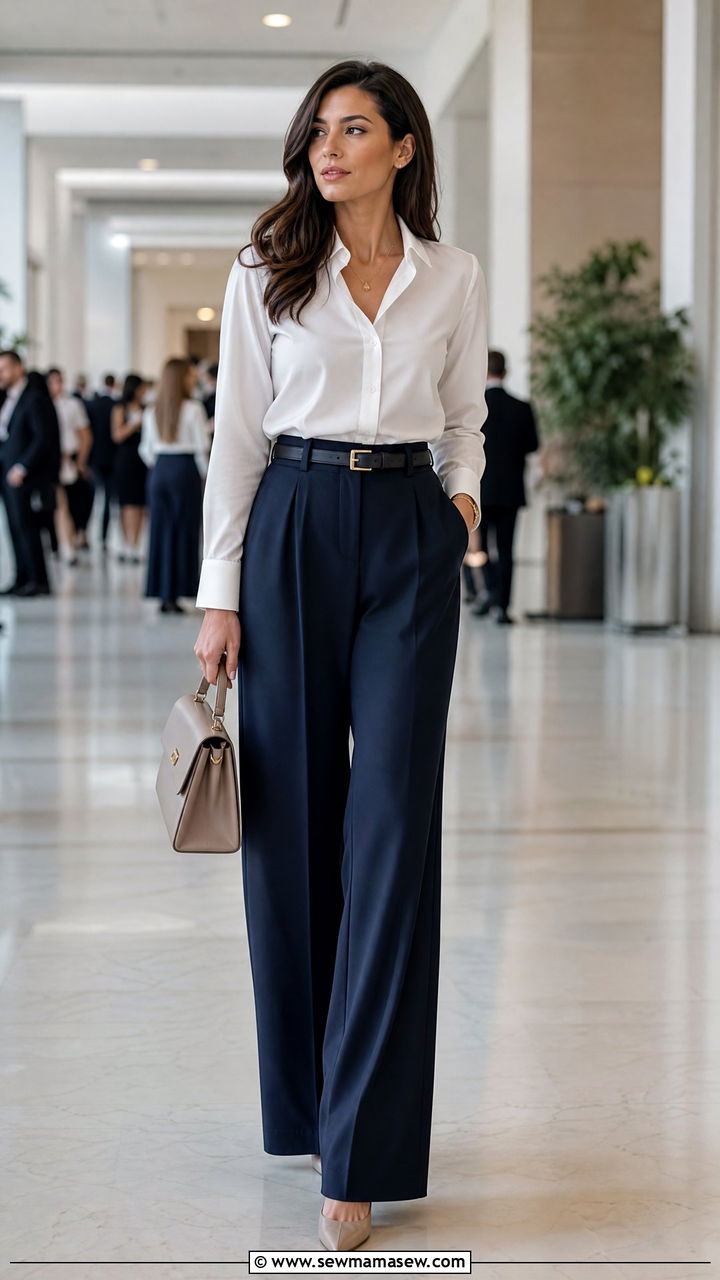 High waist wide leg trousers and tucked in blouse with heels - 35 Marketing conference outfit ideas