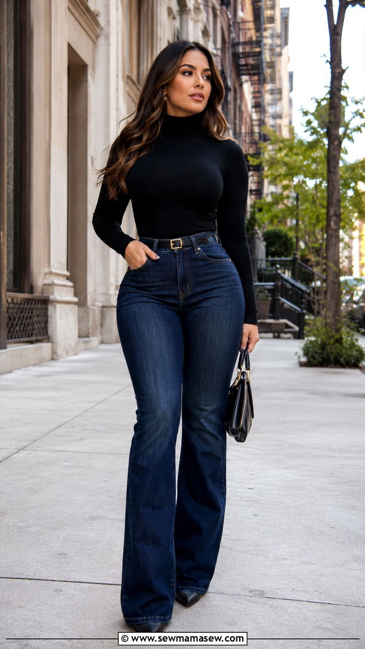 High waisted bootcut jeans with fitted turtleneck - 25 outfit ideas for women with wide hips