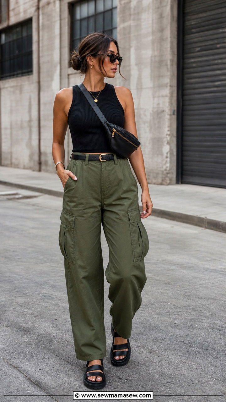 High waisted cargo pants with fitted black tank - 40 Summer outfit ideas 2026