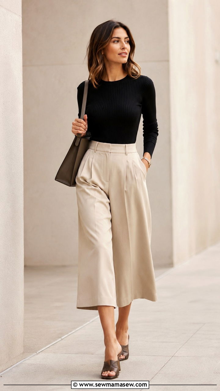 High waisted culottes and fitted knit top - 20 work outfits for long torso women