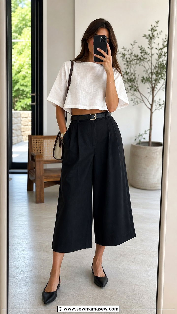 High waisted culottes with a boxy cropped top - 25 spring outfits for long torso women