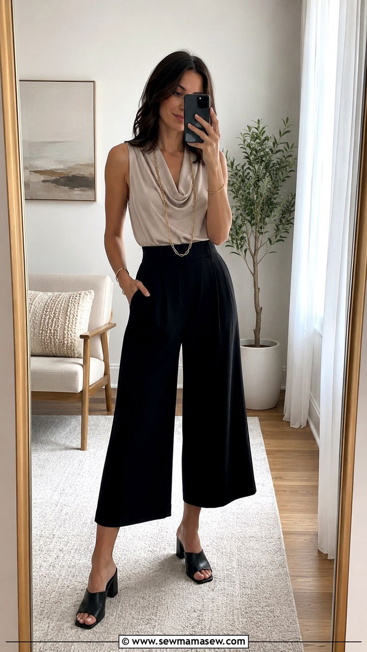 High waisted culottes with draped sleeveless top outfit - 30 Spring outfits to hide belly fat