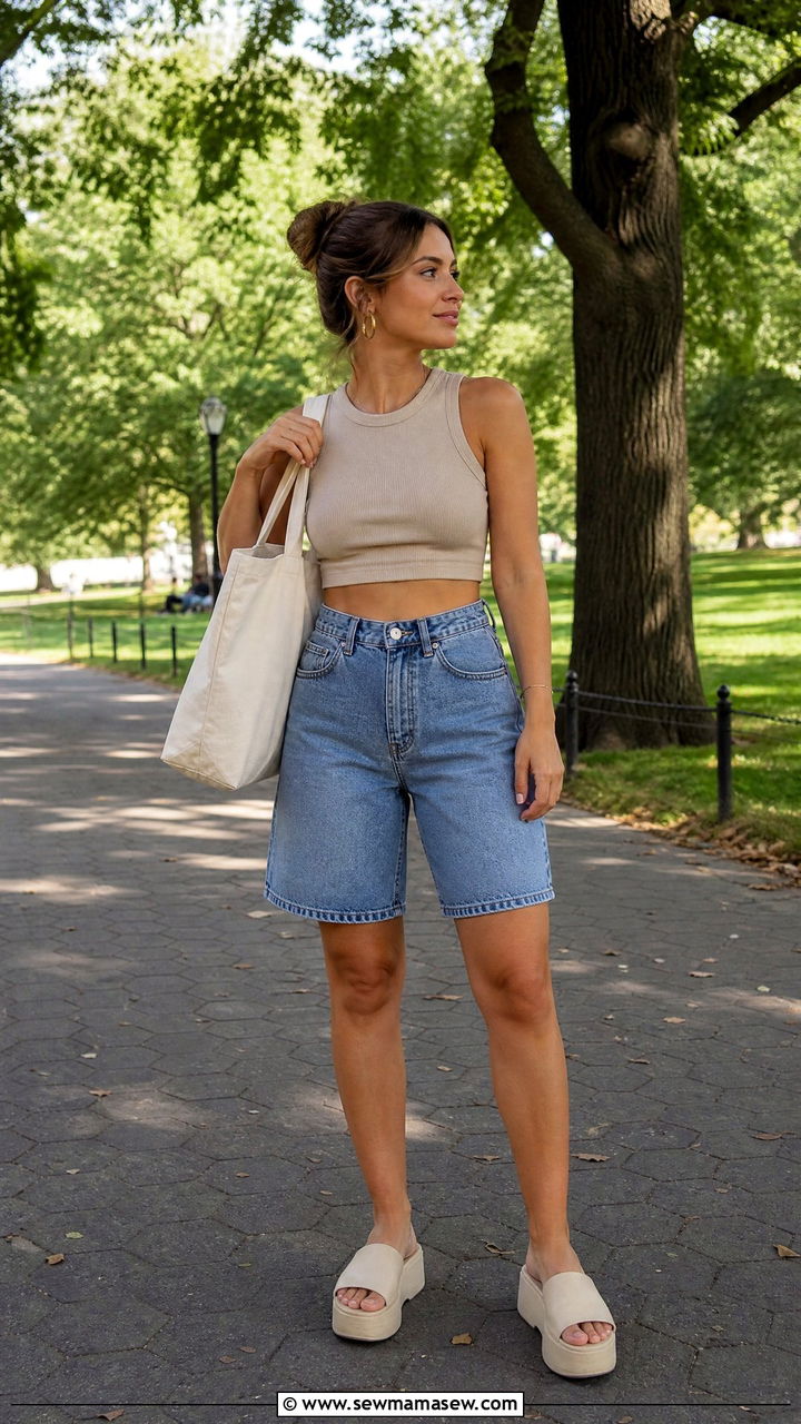 High waisted denim shorts with ribbed crop top and platform sandals - 35 hot weather outfits trends