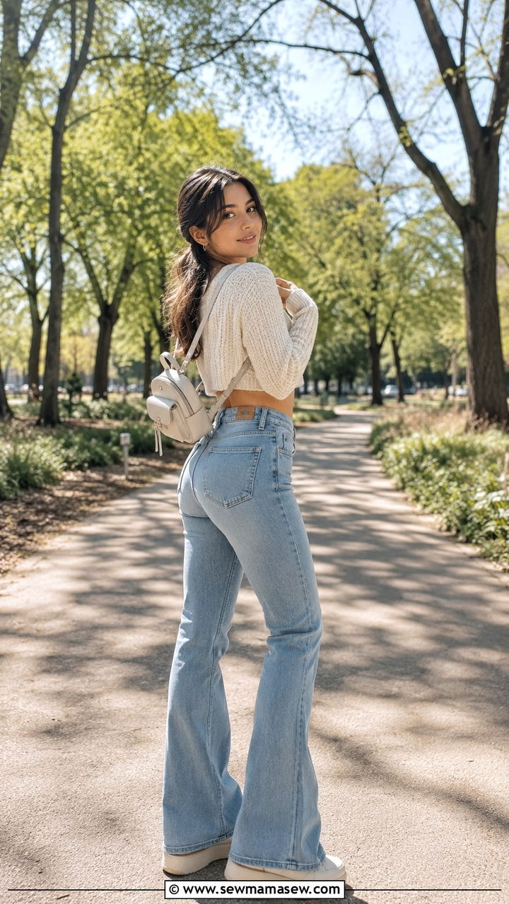 High waisted flare jeans with crop top - 30 Petite outfit ideas to balance proportions