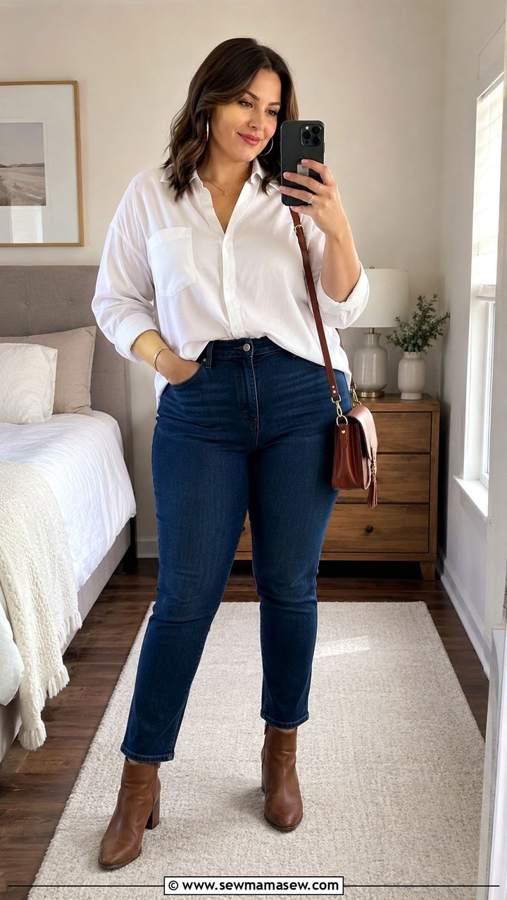 High waisted jeans and structured blouse mom outfit - 30 Plus size outfit ideas for moms