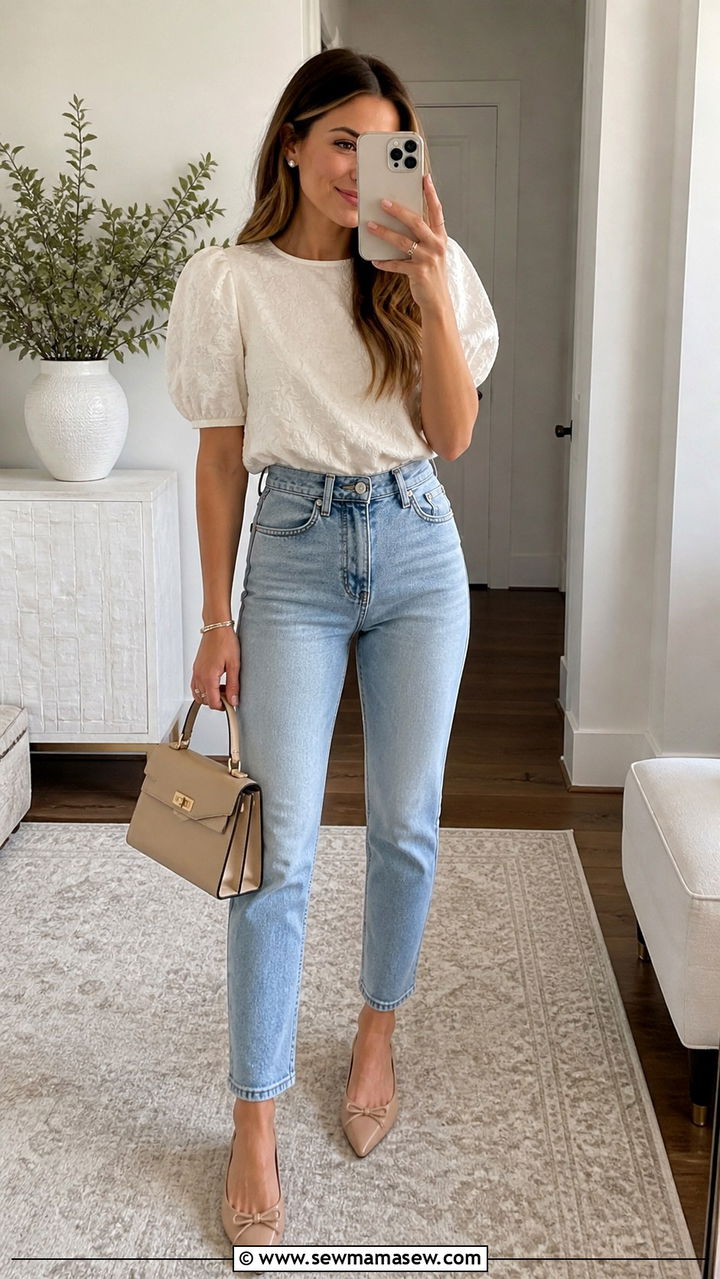 High waisted jeans puff sleeve blouse spring brunch - 40 Spring brunch outfits