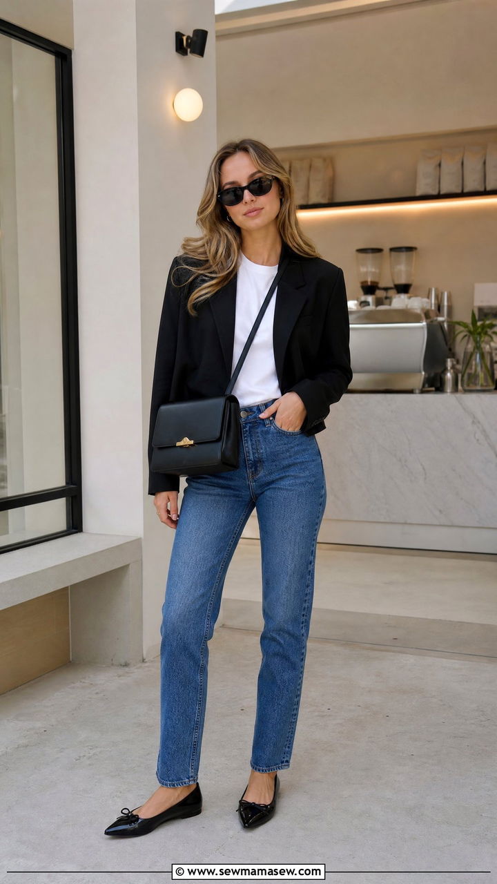 High waisted jeans white tee and cropped blazer outfit - 25 French girl outfit ideas with ballet flats