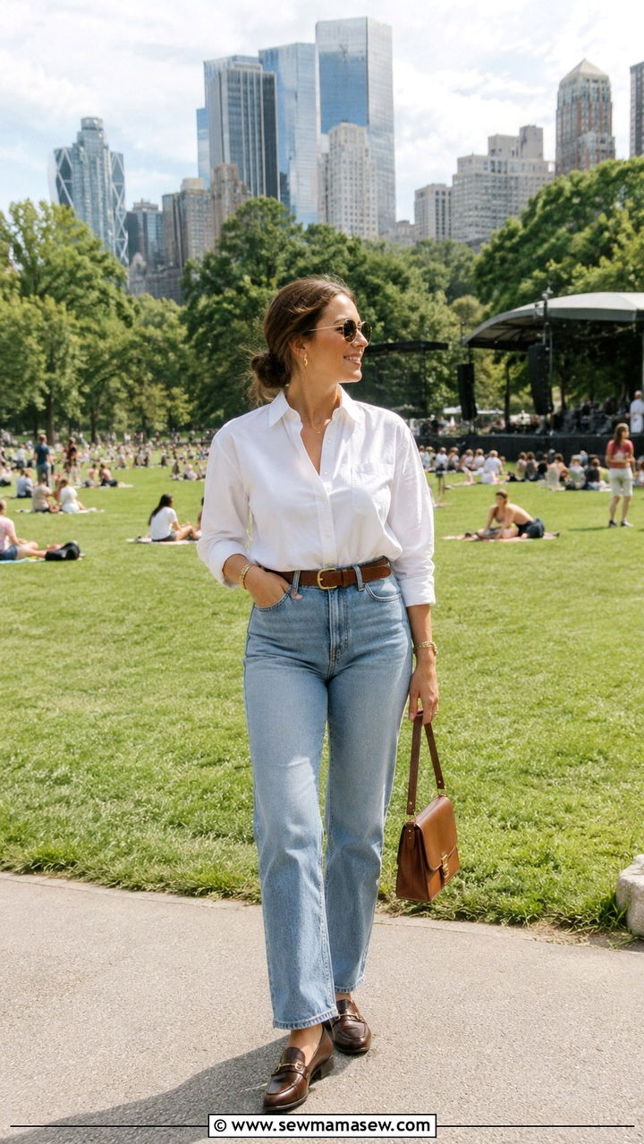 High waisted jeans with button up shirt and belt - 30 modest summer concert outfit ideas