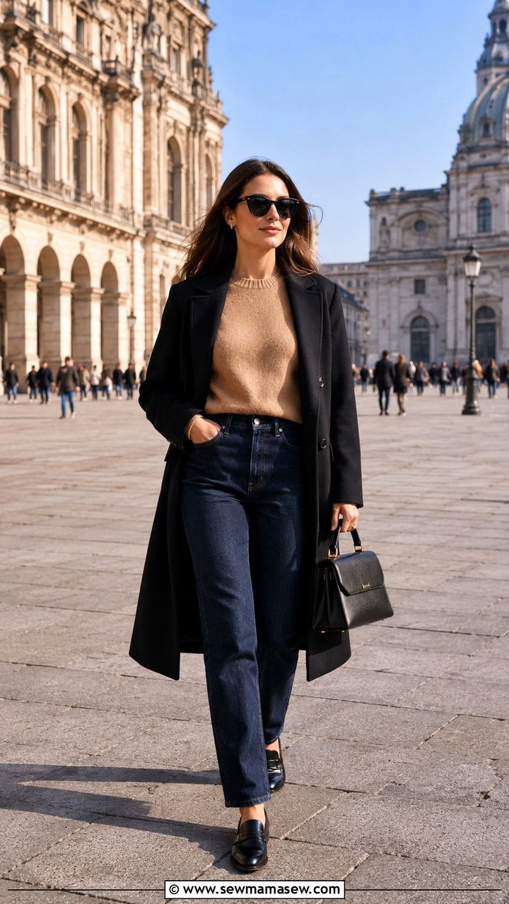 High waisted jeans with cashmere sweater and loafers for city break - 25 travel outfits inspo