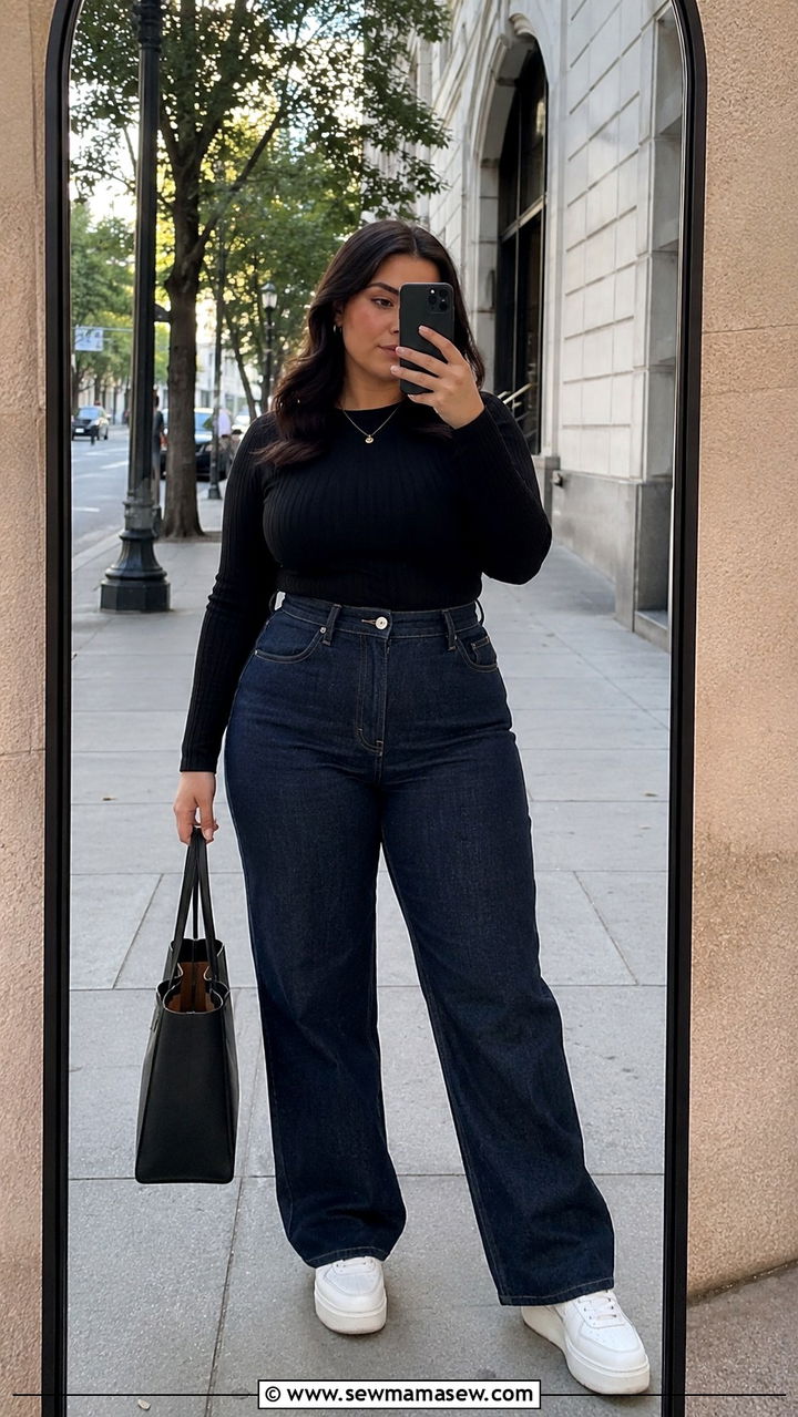 High waisted jeans with fitted top - 30 Petite plus size outfit ideas