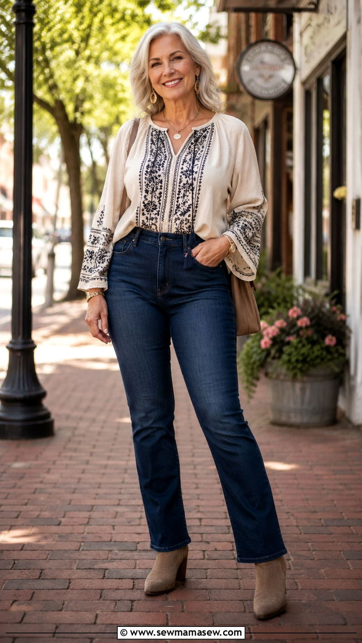 High waisted jeans with tunic blouse - 20 Curvy outfits for women over 60
