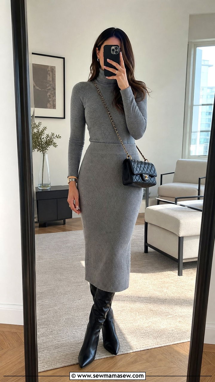 High waisted knit midi skirt with a slim turtleneck - 25 spring outfits for long torso women