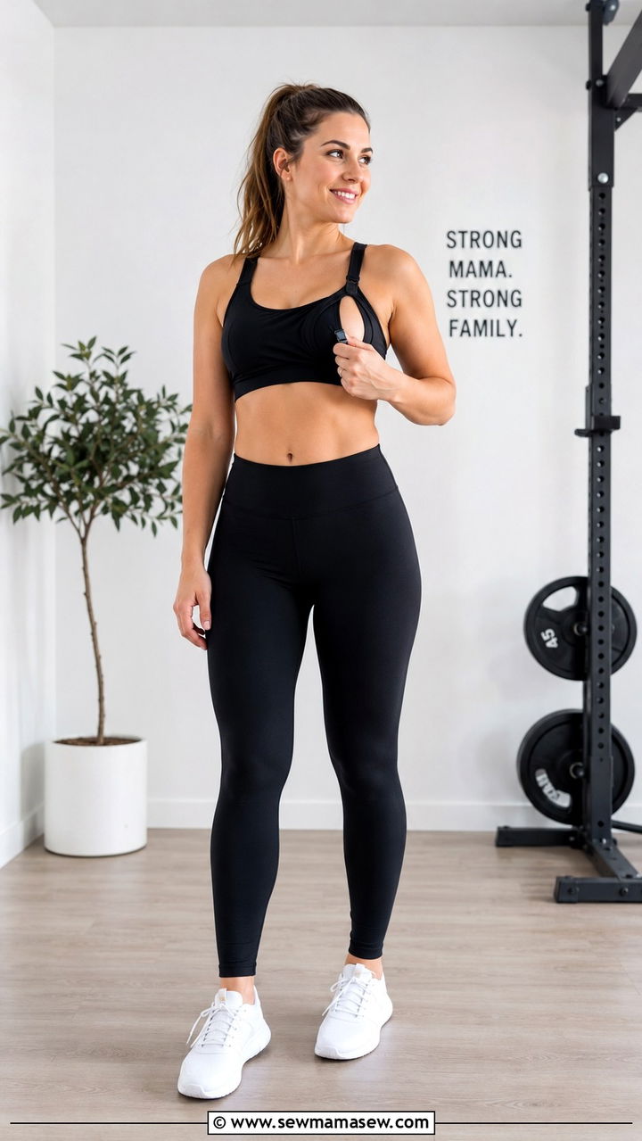 High waisted leggings and nursing sports bra - 25 Postpartum gym outfit ideas