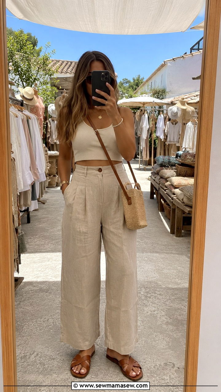 High waisted linen pants with crop tank top - 30 Linen pants outfit ideas with a tank top