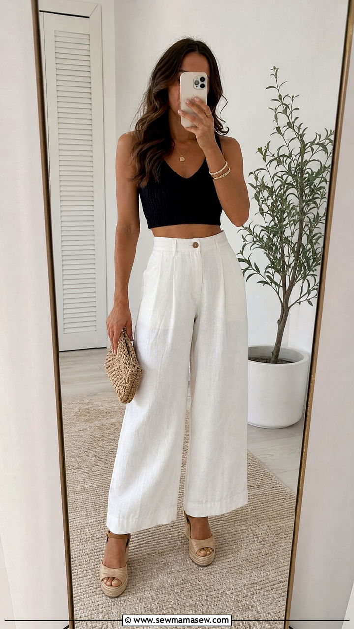 High waisted linen pants with cropped knit tank and espadrille wedges - 25 How to style linen pants in summer