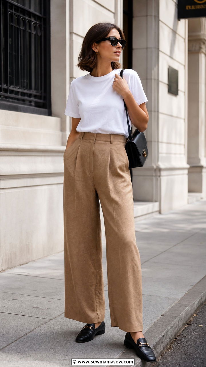High waisted linen trousers with boxy tee and loafers - 25 How to style linen pants in summer