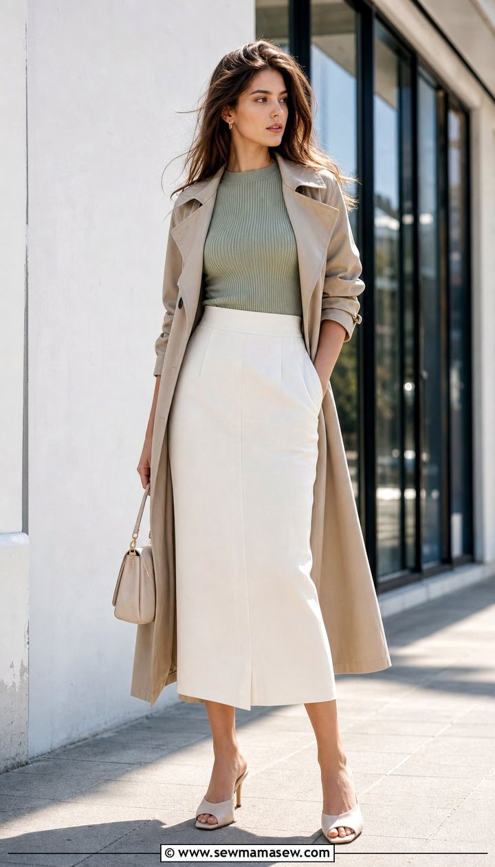 High waisted midi skirt with a fitted knit top - 25 spring outfits for long torso women