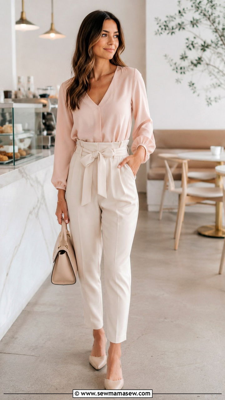 High waisted paperbag pants with tucked blouse outfit - 30 Spring outfits to hide belly fat
