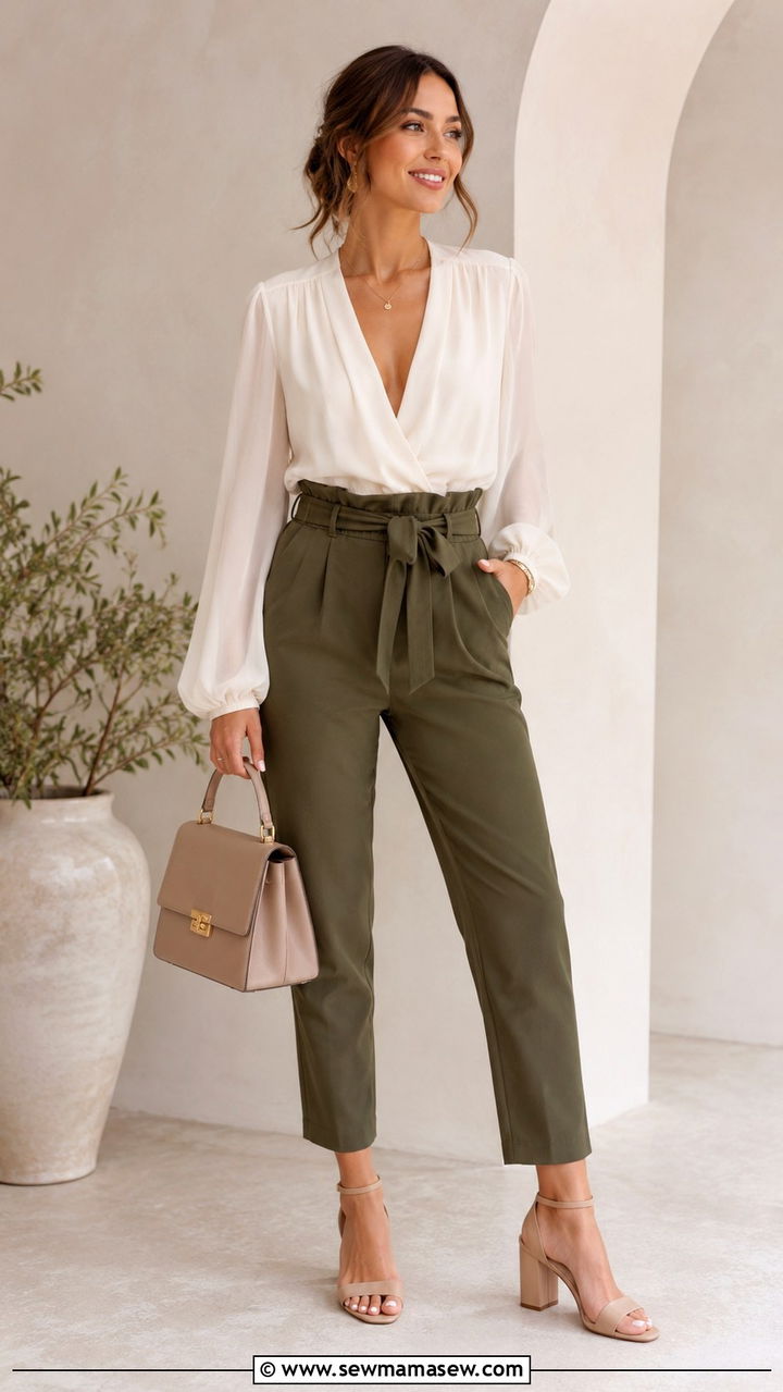 High waisted paperbag trousers with a breezy blouse - 20 Outfit ideas for belly after C section