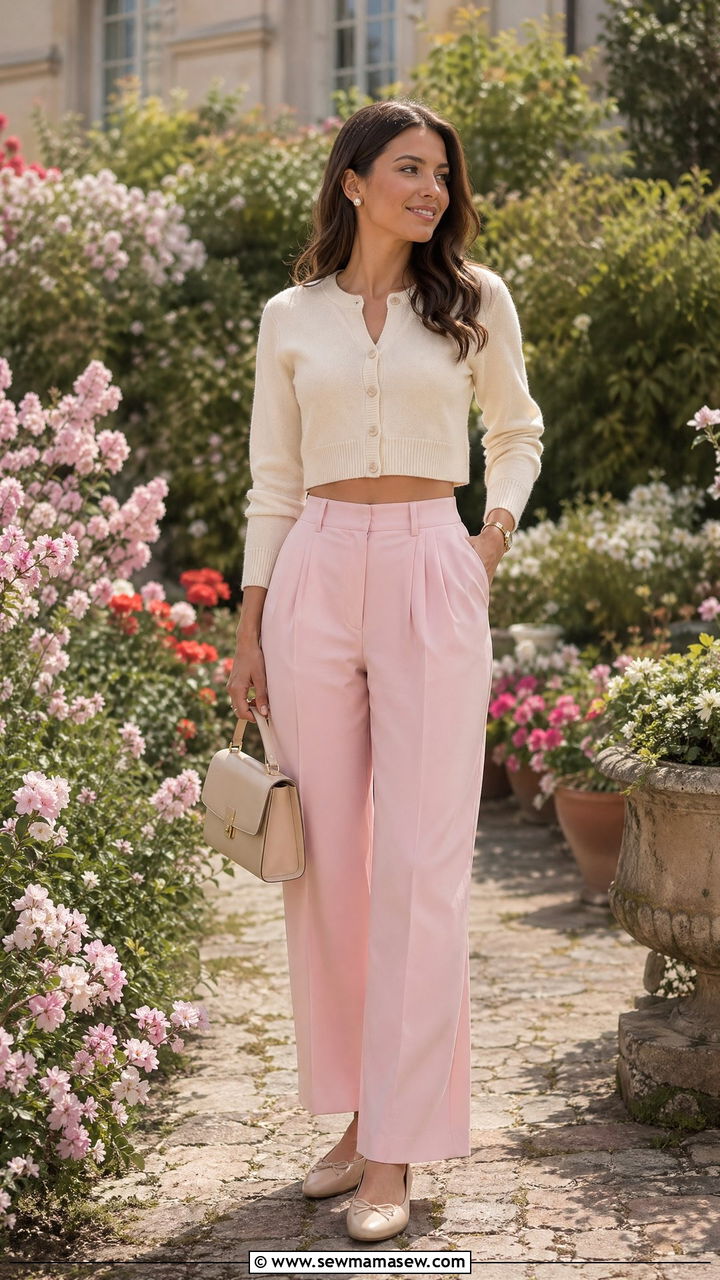 High waisted pleated trousers with a cropped cardigan and ballet flats - 35 Elevated brunch outfit ideas
