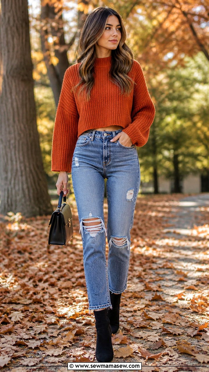 High waisted ripped jeans with cropped sweater and sock booties - 40 Ripped jeans outfit ideas