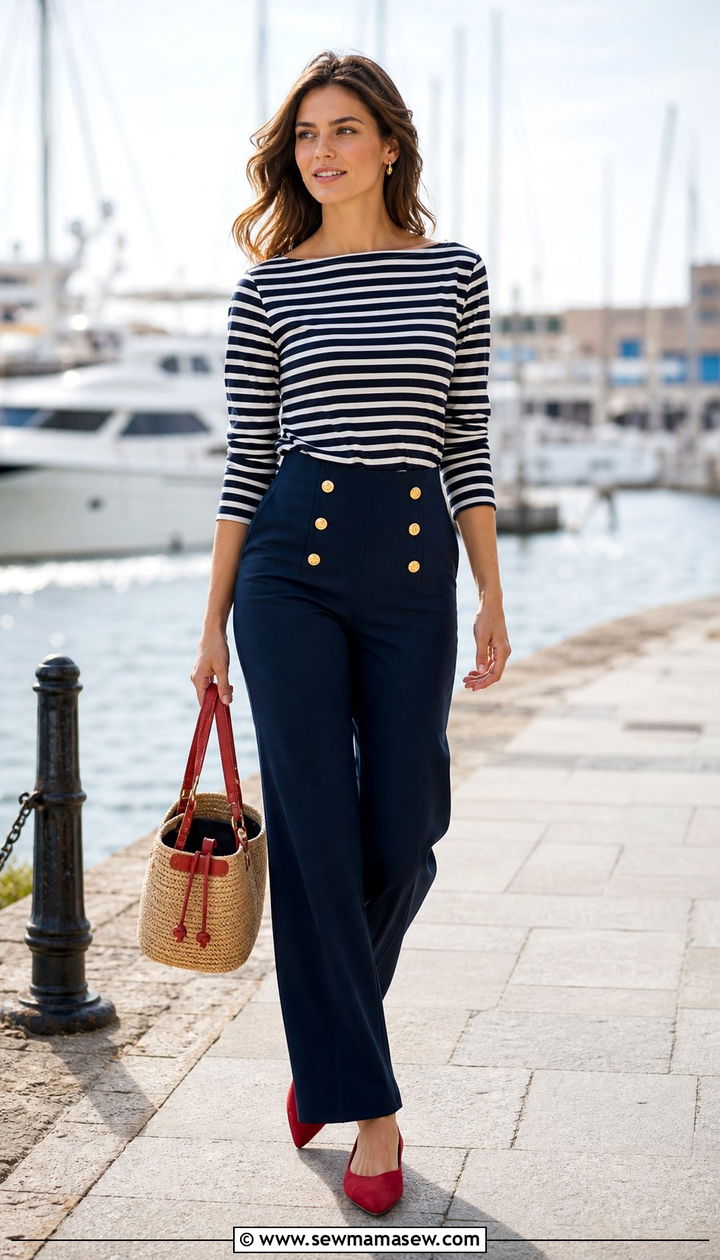High waisted sailor pants with a striped boatneck top - 25 spring outfits for long torso women
