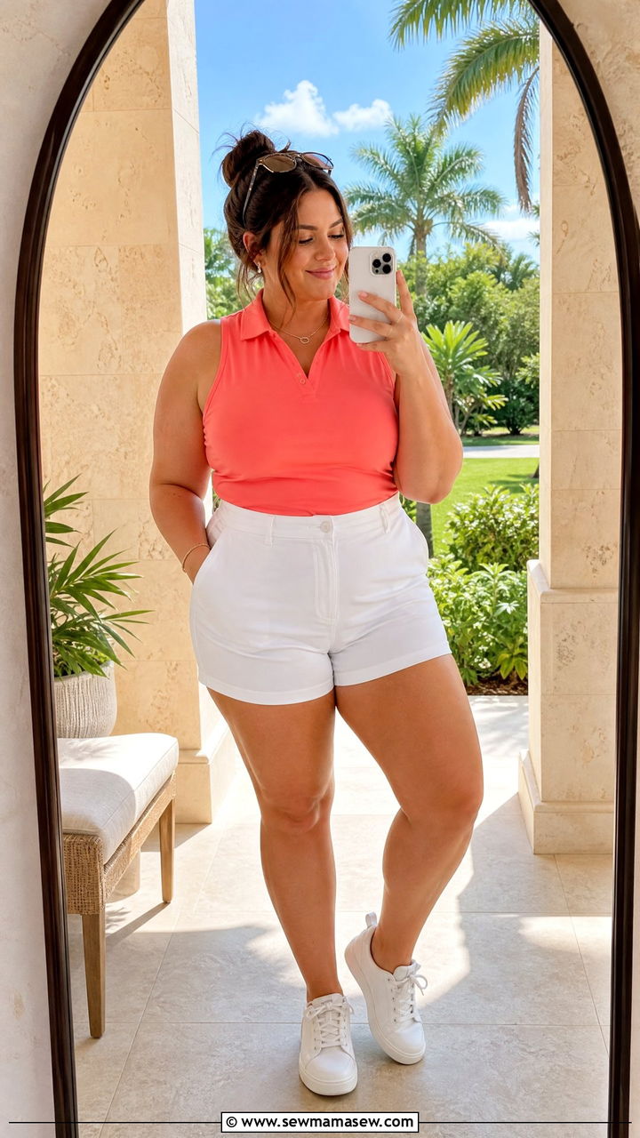 High waisted shorts and sleeveless golf top plus size - 25 Golf outfit ideas plus size