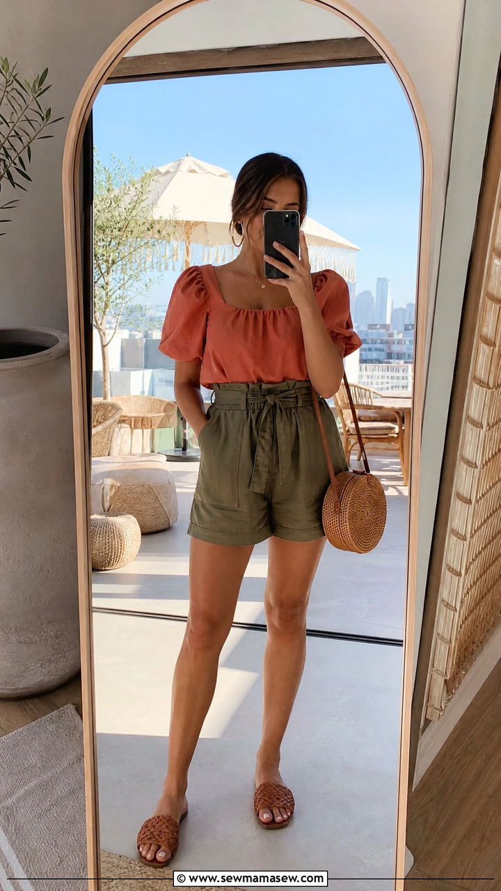 High waisted shorts with a puff sleeve top - 30 Muggy weather outfit ideas