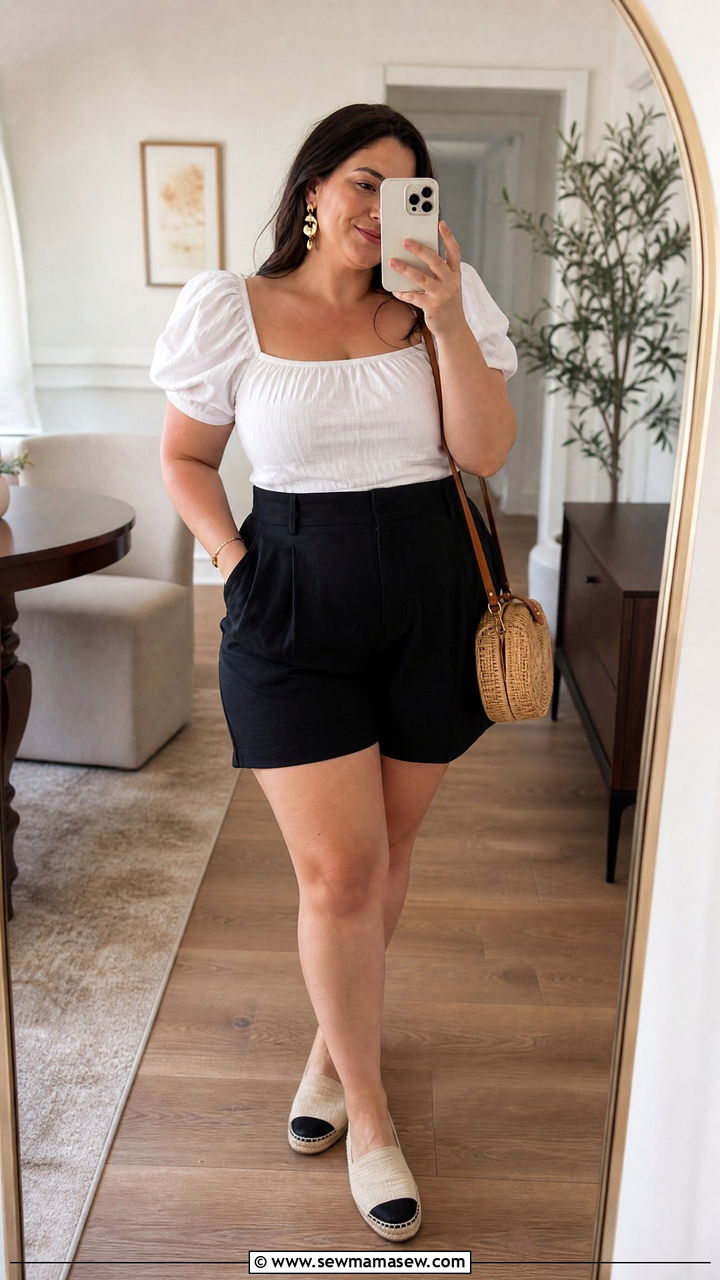 High waisted shorts with puff sleeve top midsize summer outfit - 30 summer midsize outfit ideas