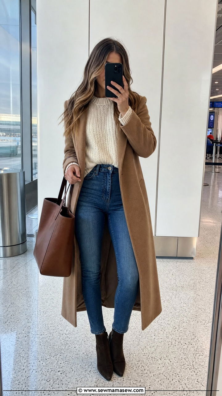 High waisted skinny jeans with sweater airport look - 25 How to style skinny jeans for travel