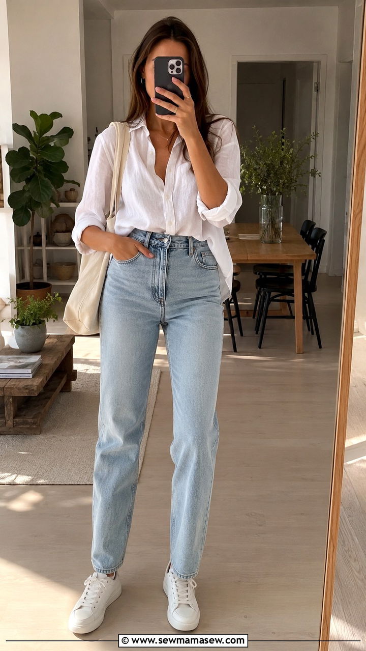 High waisted straight leg jeans and a linen button down - 30 Tall women spring outfit ideas