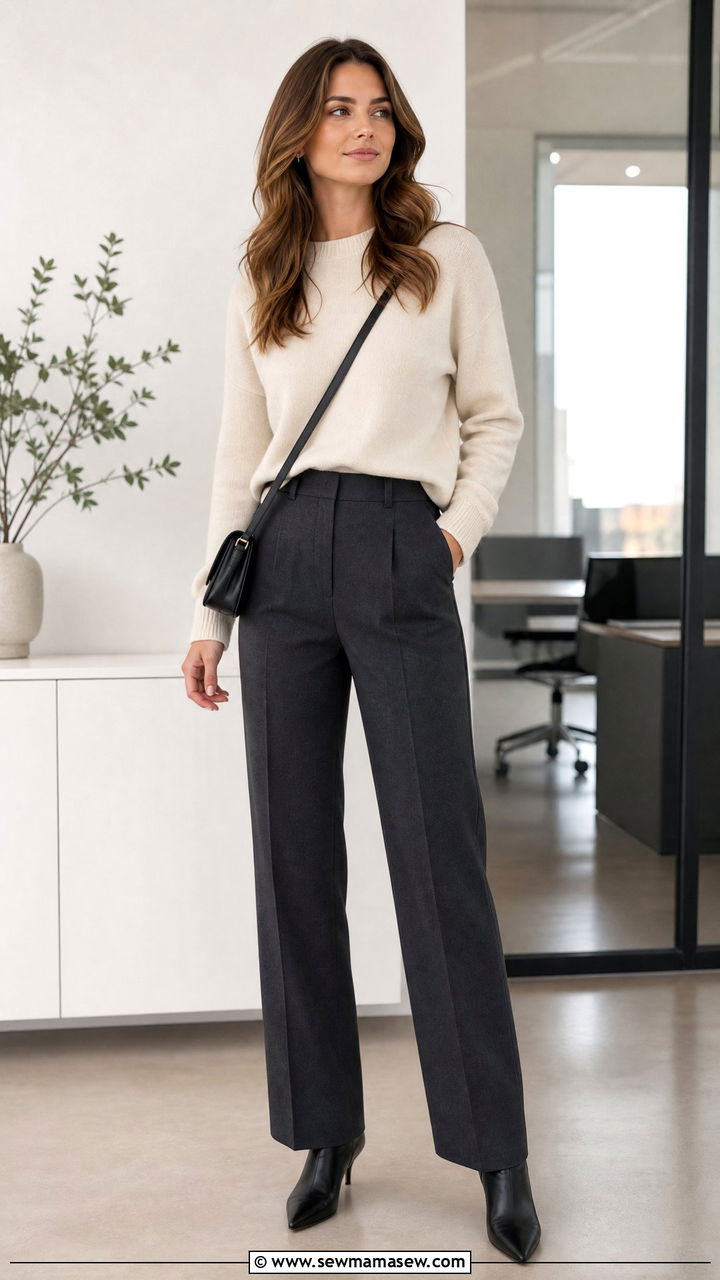 High waisted trousers and cashmere sweater - 25 Work outfit ideas for Thursday