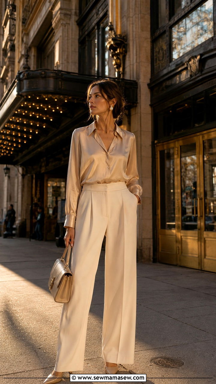 High waisted trousers and silk blouse jazz concert look - 30 Jazz concert outfit ideas