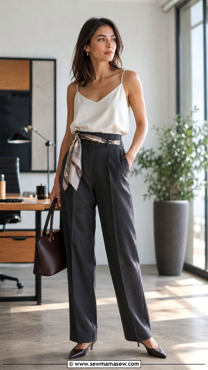 High waisted trousers and silk scarf - 25 Old money outfit ideas with silk scarf