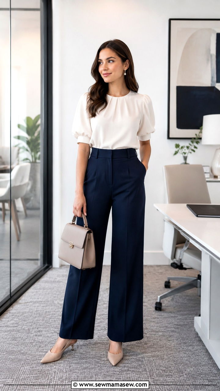 High waisted trousers with puff sleeve blouse and slingbacks - 30 Internship outfit ideas for women