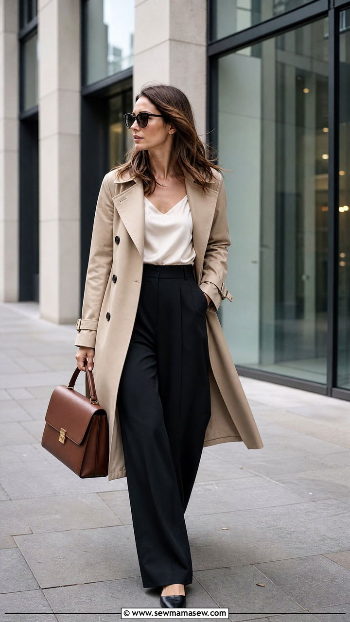 High waisted trousers with trench coat outfit - 30 summer trench coat outfit ideas