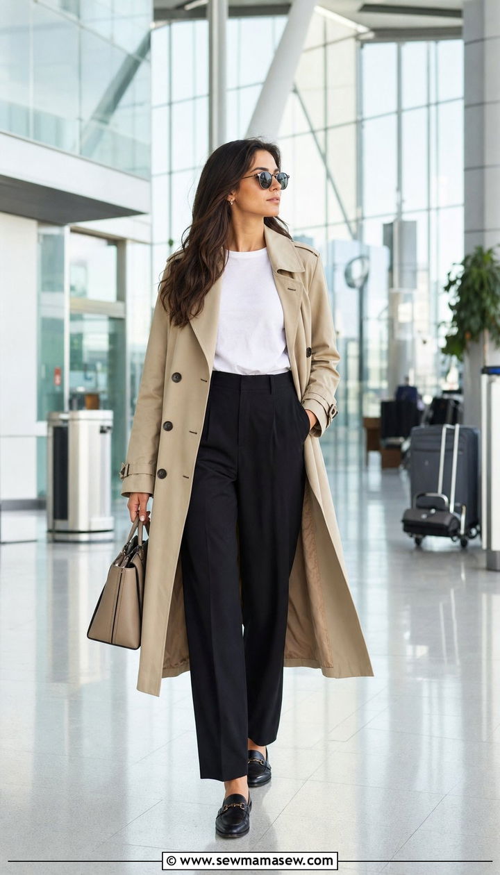 High waisted trousers with tucked in tee and trench coat - 35 Airport outfits for long flights