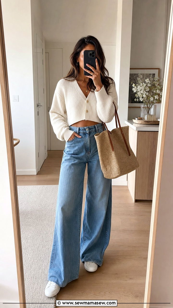 High waisted wide leg jeans with a cropped cardigan - 25 spring outfits for long torso women